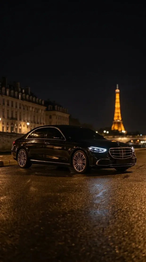 Berline noire avec chauffeur Black Aureum dans Paris de nuit